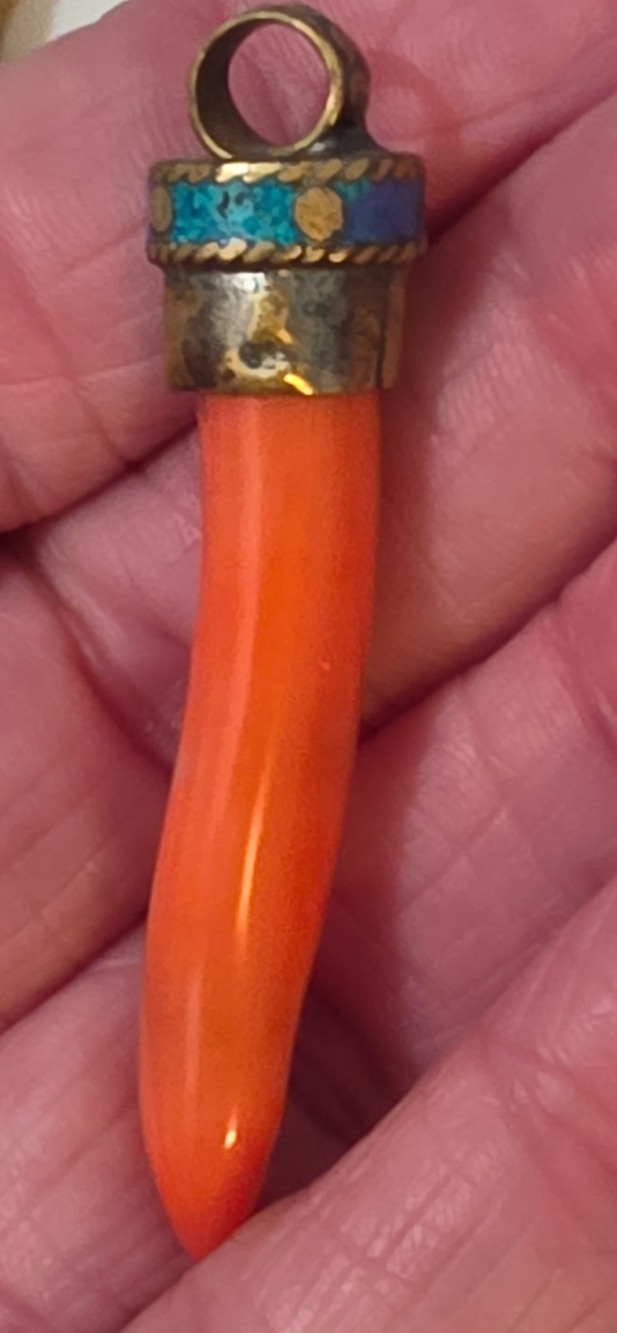 2" Pendant - Tibetan Brass Horn (Tooth) with Red Coral and Turquoise Ring